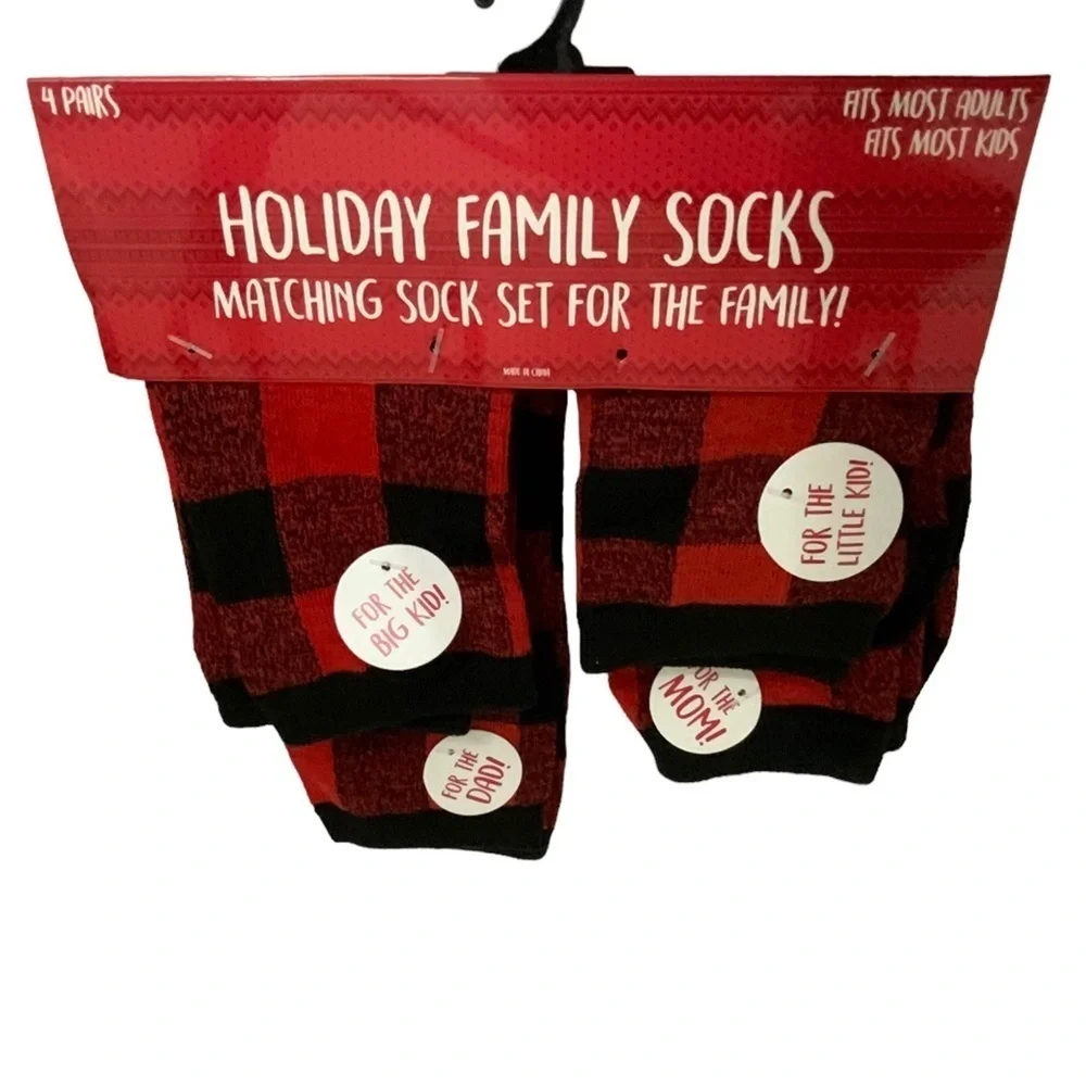 Holiday Family Matching Socks 4 Pack Christmas Tartan Plaid Red Black Adult Kids
